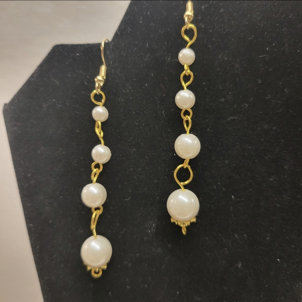 Gold and Faux White Pearl Dangle Earrings